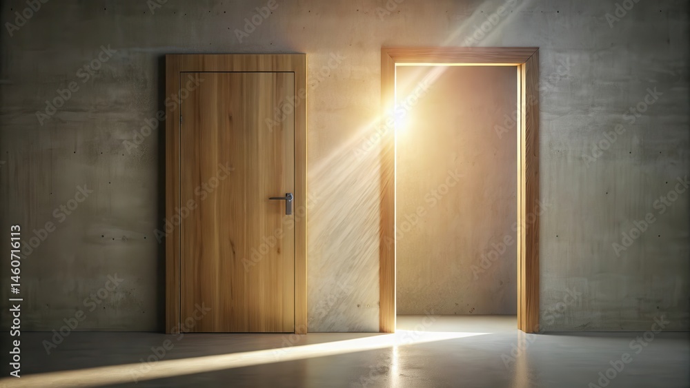 Fototapeta premium A single wooden door with a small opening, allowing natural light to pour in and illuminate the space outside , beam, building