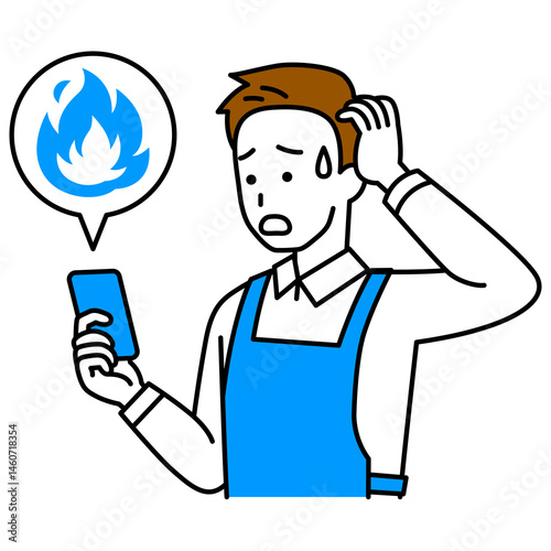 SNSが炎上して困惑しているエプロン姿の男性（スマートフォン）