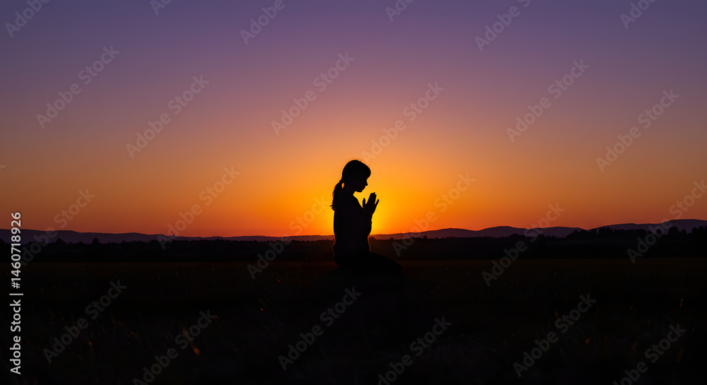 Obraz premium Silhouetted Woman Praying at Sunset