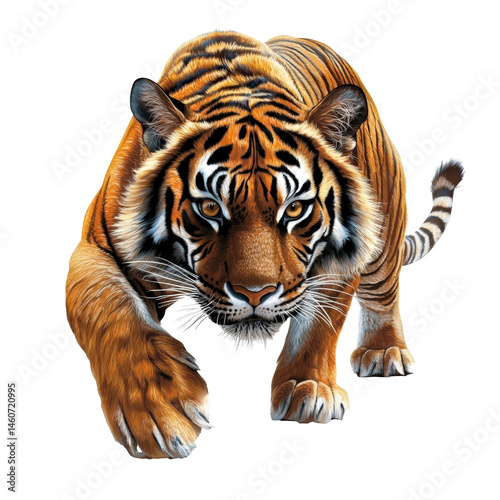 A tiger is walking on a white background. The tiger is looking at the camera with its eyes wide open. The tiger's fur is orange and black, and its paws are visible as it walks