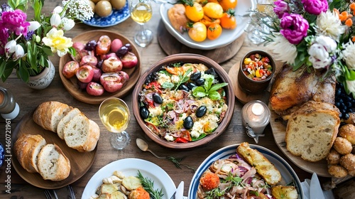 Festive multi-course meal on a wooden table