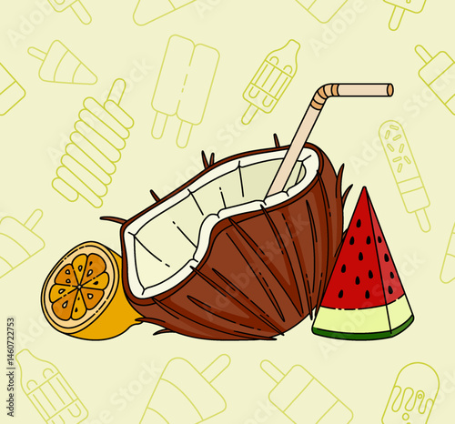 Fresh Coconut Water Infused with Citrusy Orange and Sweet Watermelon for the Ultimate Summer Beach Drink, Providing a Cool and Hydrating Experience by the Sea
