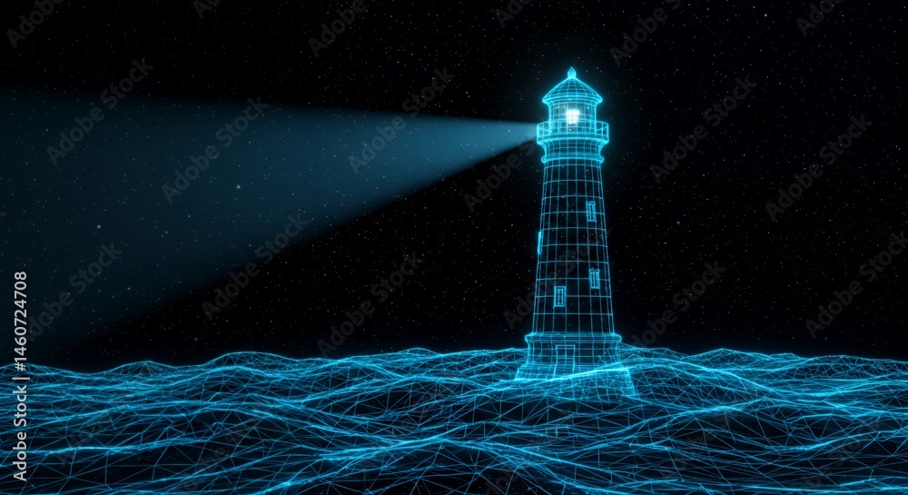 Holographic Lighthouse Stands Against Starry Night with Glowing Blue Digital Ocean Waves Animated by 35mm Lens with Guiding Light