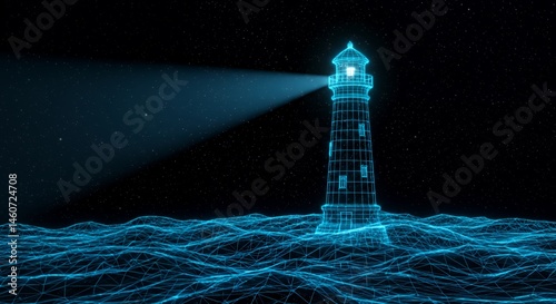 Obraz na płótnie Holographic Lighthouse Stands Against Starry Night with Glowing Blue Digital Ocean Waves Animated by 35mm Lens with Guiding Light w salonie