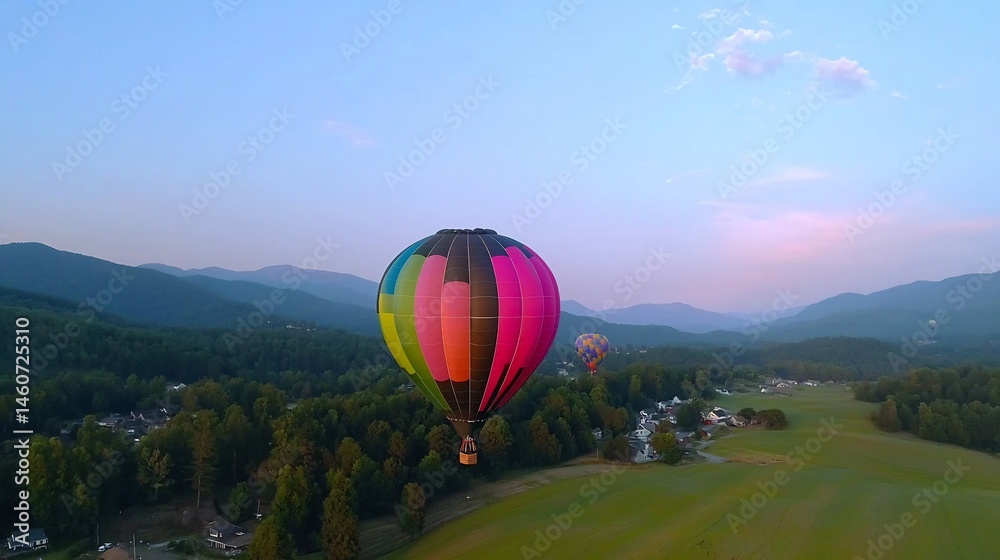 Obraz premium Ultra sharp aerial shot of vibrant colorful hot air balloon drifting over green rolling fields bright blue sky lively vivid celebration