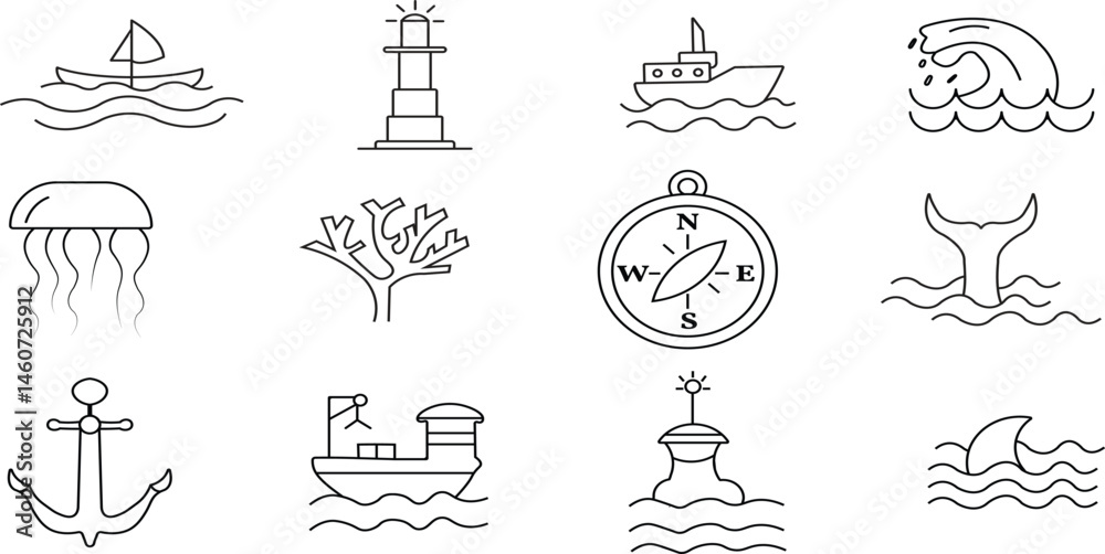 Fototapeta premium Line icon set of sea creatures, sailing, underwater exploration, sailboat, lighthouse, ship, anchor, compass, coral reef thin linear illustration. Marine Life.
