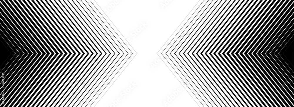 Black linear arrow background. Halftone arrows in center direction backdrop. Repeated fading triangle gradation pattern. Vector thin to thick speed line concept texture for poster, cover, banner