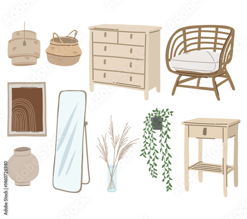 A stylish collection of illustrations featuring rustic and bohemian-inspired furniture, for interior design visuals, lifestyle content, and home decor projects