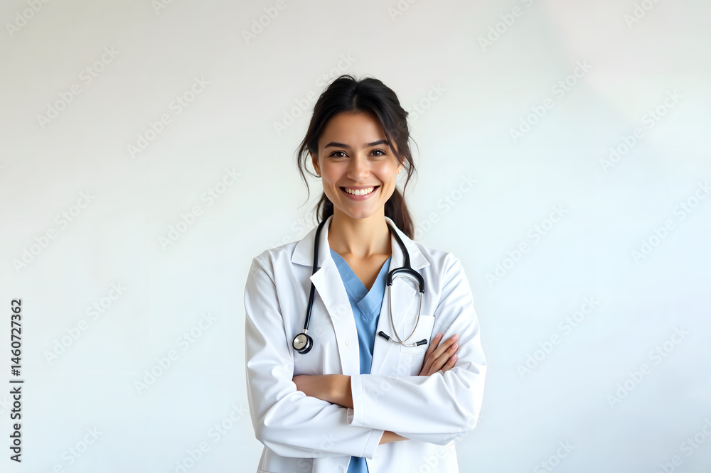 Female doctor smiling with arms crossed on white background Female doctor smiling with arms crossed on white background