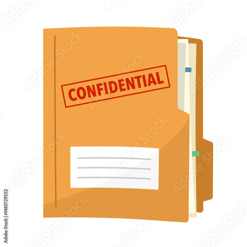 Yellow folder with confidential documents. Top secret data with red stamp.