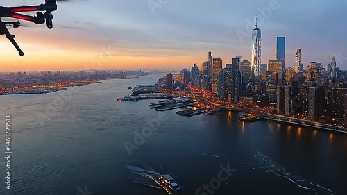 Drone captures breathtaking New York City skyline at dawn, cityscape illuminated