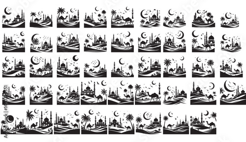 Set of a masjid on desert, vector silhouette, black color silhouette, white background