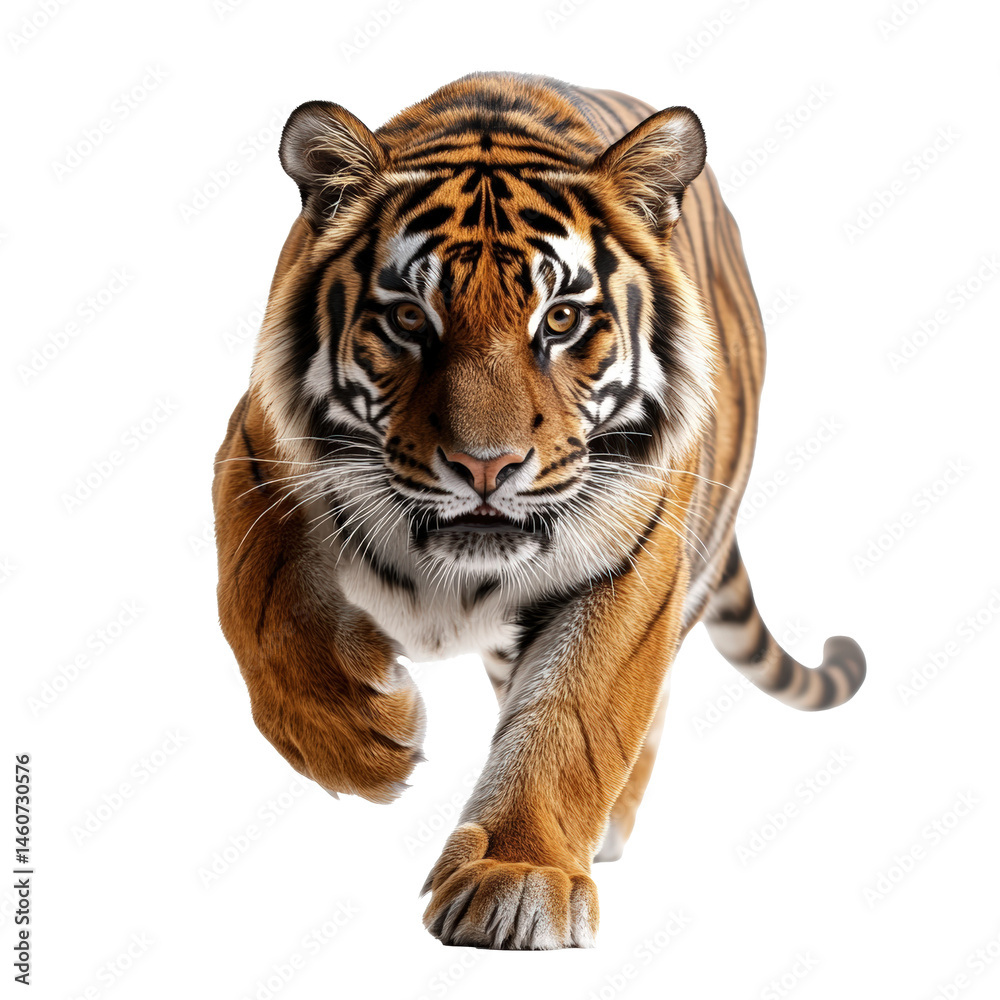 Fototapeta premium A tiger is walking across a white background. The tiger is the main focus of the image, and it is in motion. The white background creates a sense of contrast and emphasizes the tiger's presence