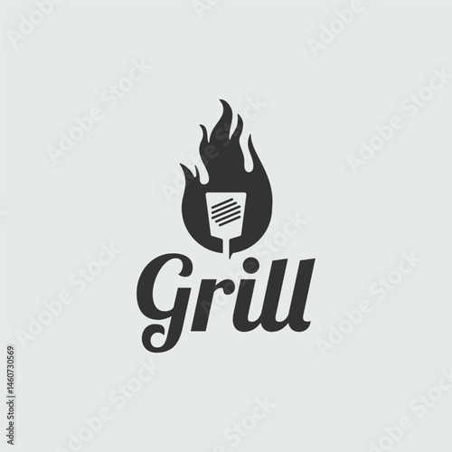 BBQ grill, Spatula with flame for restaurant logo design