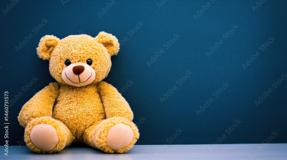 A cheerful yellow teddy bear is placed on a light-colored surface, facing forward, with a dark blue wall as the backdrop A cheerful yellow teddy bear is placed on a light-colored surface, facing forward, with a dark blue wall as the backdrop