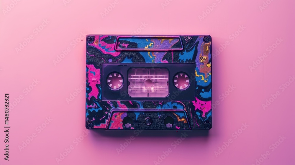 Obraz premium Retro Cassette Tape with Abstract Design on Pink Background - Vintage Media