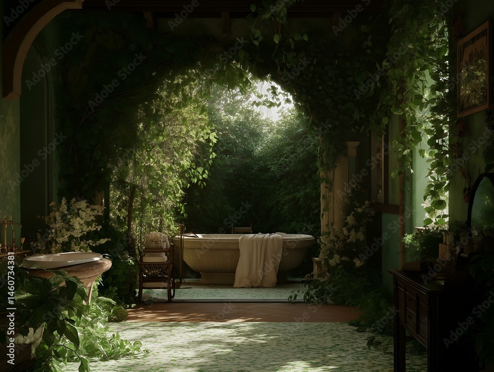 Obraz premium indoor pool, arched entryway, lush foliage, tranquil setting, natural light