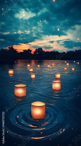 Floating candles on a serene lake at sunset