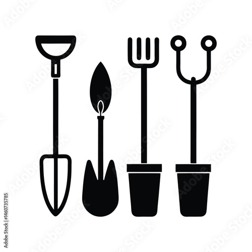 Gardening Tools Icons Shovel, Trowel, Fork, Hand Rake, Pots – Black Silhouette Vector Illustration