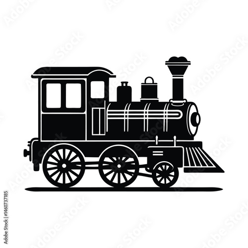Vintage Steam Locomotive Classic Train Illustration, Black and White Design