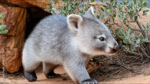 Young wombat exploring rocky terrain surrounded by greenery in a natural habitat