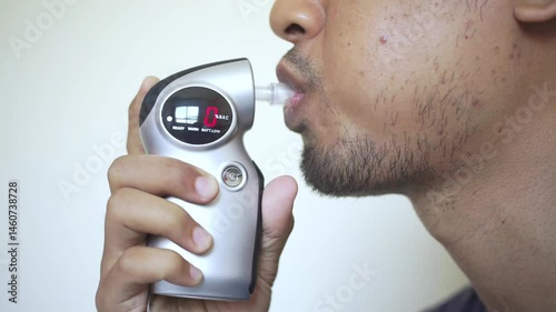 Man blows into breathalyzer to check presence of alcohol in blood and to be safe before car trip. Young guy takes breathalyzer test to prove to police that doesnt have hangover after party.