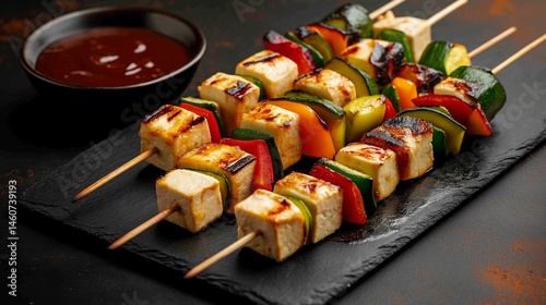 Delicious skewers with tofu cheese, grilled to perfection with a smoky glaze, paired with colorful bell peppers and zucchini slices. 