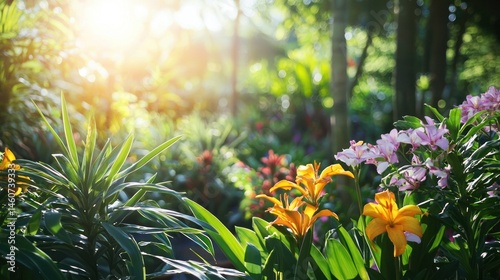 A plant nursery showcasing colorful flowers and lush greenery under bright sunlight. photo