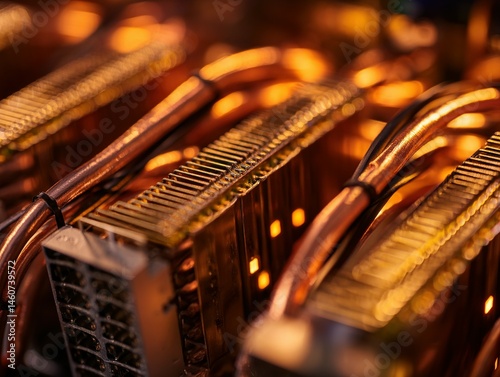 Close-up view of intricate copper cooling components.