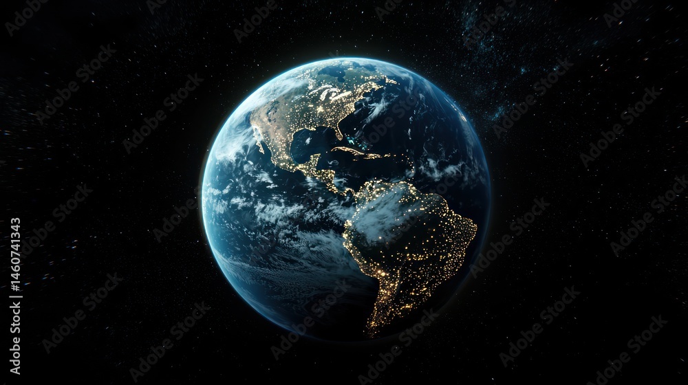 Obraz premium Satellite view of Earth with digital paths connecting major cities.