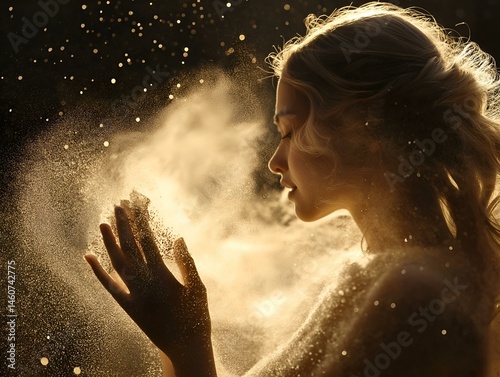 woman praying, golden light, ethereal effect, dark background, serene expression