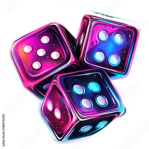Rolling neon dice gaming table sticker design vibrant atmosphere close-up glowing pips for visual appeal