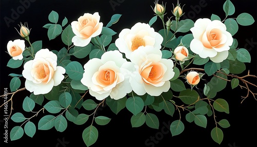 Delicate pastel roses and leaves on a black backdrop