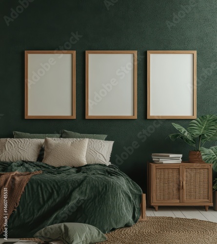 Green Bedroom Interior Mockup with Empty Frames and Wooden Nightstand