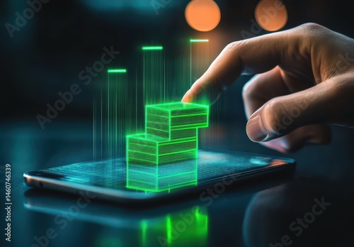 Hand Interacting with Glowing Green Digital Cubes on Smartphone