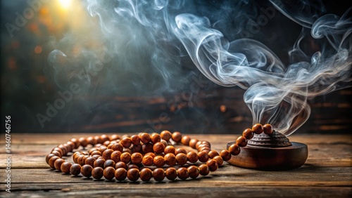 Sacred Buddhist prayer beads scattered on a wooden altar with soft incense smoke rising gently into air , beads, serenity, beads