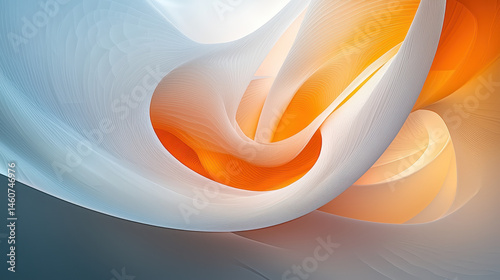 A realistic 4K 3D abstract background shows smooth flowing white and orange forms from a side angle, creating a modern and visually appealing design element.