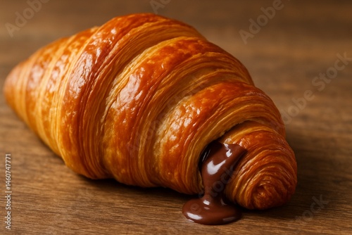Freshly Baked Croissant with Melted Chocolate Filling on Wooden Background