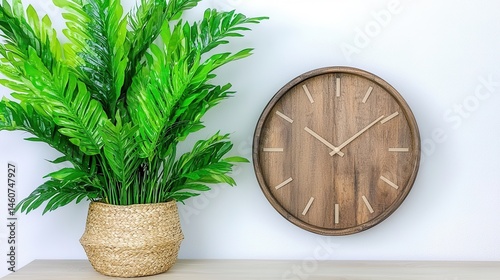 Wallpaper Mural Green Plant and Wooden Wall Clock on White Wall Torontodigital.ca