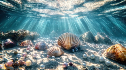 Underwater scene of sunbeams, shells, and pearls on a sandy seabed