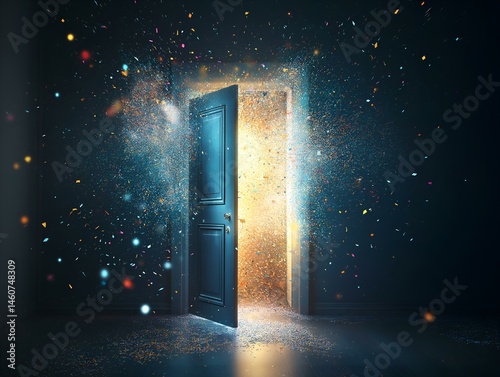 glowing doorway, multicolored particles, dark room, mystical passage, ethereal light