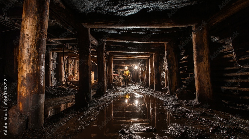 Fototapeta premium Dark, damp mine tunnel with wooden supports.
