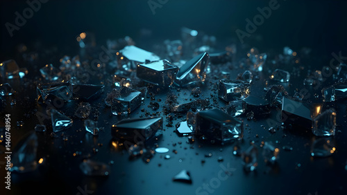 Shattered glass fragments with iridescent reflections in soft cinematic light, futuristic abstract background with neon metallic glow, luxury tech-inspired digital composition