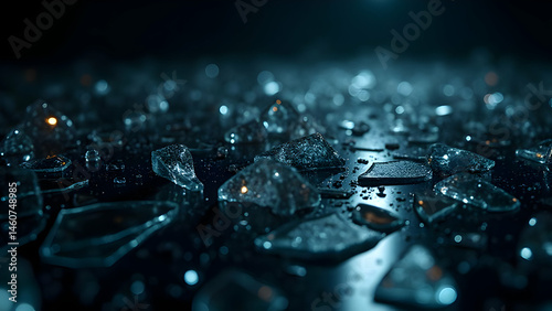 Shattered glass fragments with iridescent reflections in soft cinematic light, futuristic abstract background with neon metallic glow, luxury tech-inspired digital composition