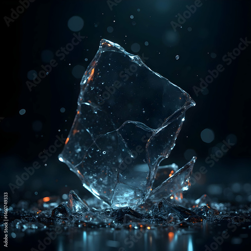 Shattered glass fragments with iridescent reflections in soft cinematic light, futuristic abstract background with neon metallic glow, luxury tech-inspired digital composition