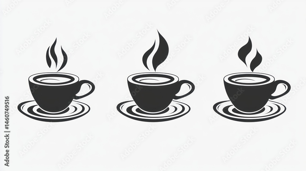 Obraz premium Three steaming coffee cups on saucers, simple black silhouette design