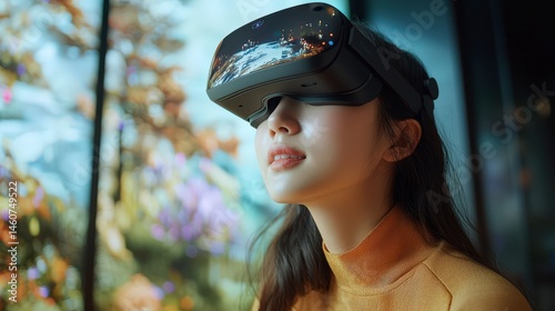 Young woman using a VR headset to explore a futuristic city journey exploring vast natural wonders while