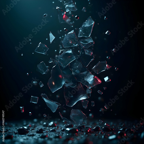 Shattered glass fragments with iridescent reflections in soft cinematic light, futuristic abstract background with neon metallic glow, luxury tech-inspired digital composition