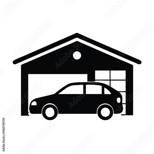 Simple Black Silhouette of Car in Garage Icon