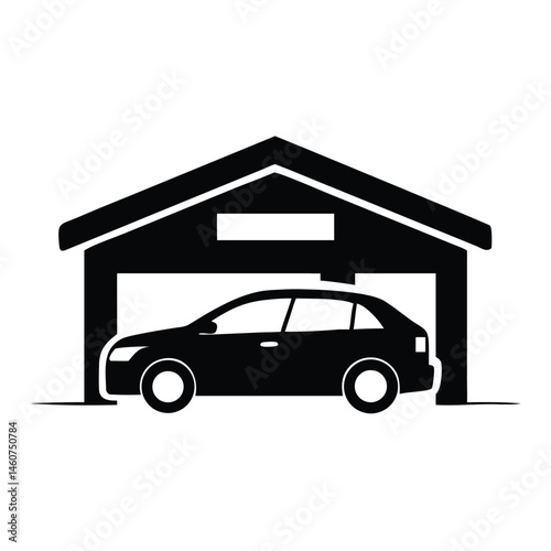 Simple Black Silhouette of Car in Garage Icon